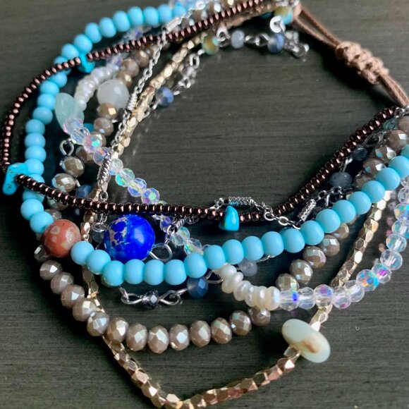 Turquoise Blue Multistrand Beaded Crystal Stone Beaded Adjustable Bracelet New - Picture 4 of 4